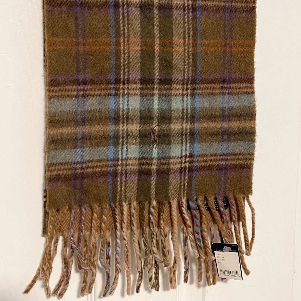 New Polo Ralph Lauren Men's Greenwich Plaid Scarf 80% lambs wool tan/brown